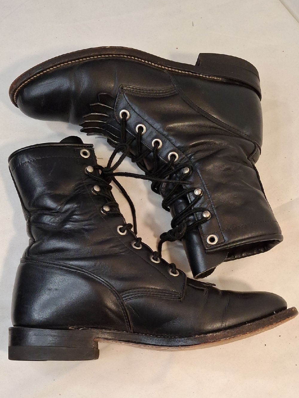 Justin Women's Vintage Black Leather Lace-Up Heeled Boots.Removable KiltieFringe